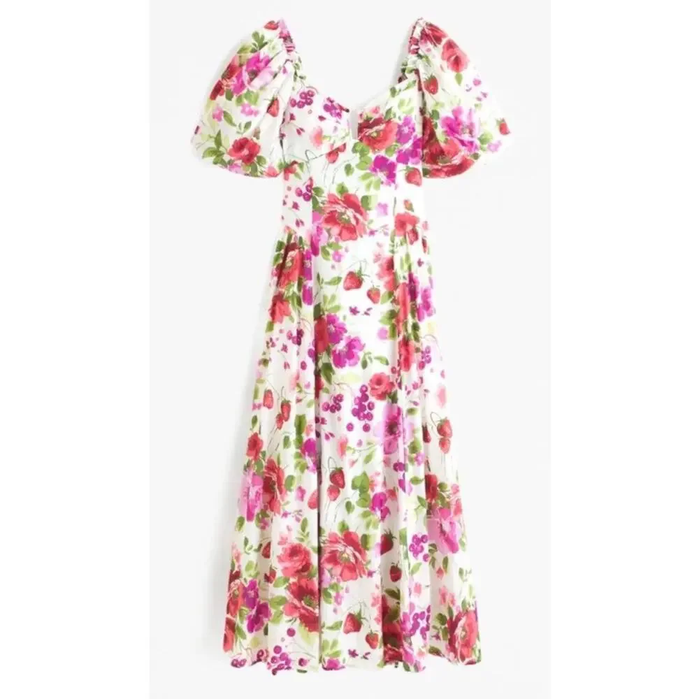 Abercrombie Maxi Dress Strawberry Floral Print Puff Sleeve Sweetheart Neck XS